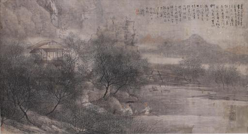 清吴鹤汀设色细雨斜风迎客图轴