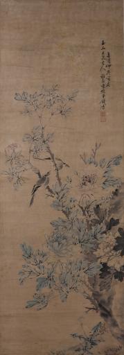清钱鸿设色牡丹花鸟图轴