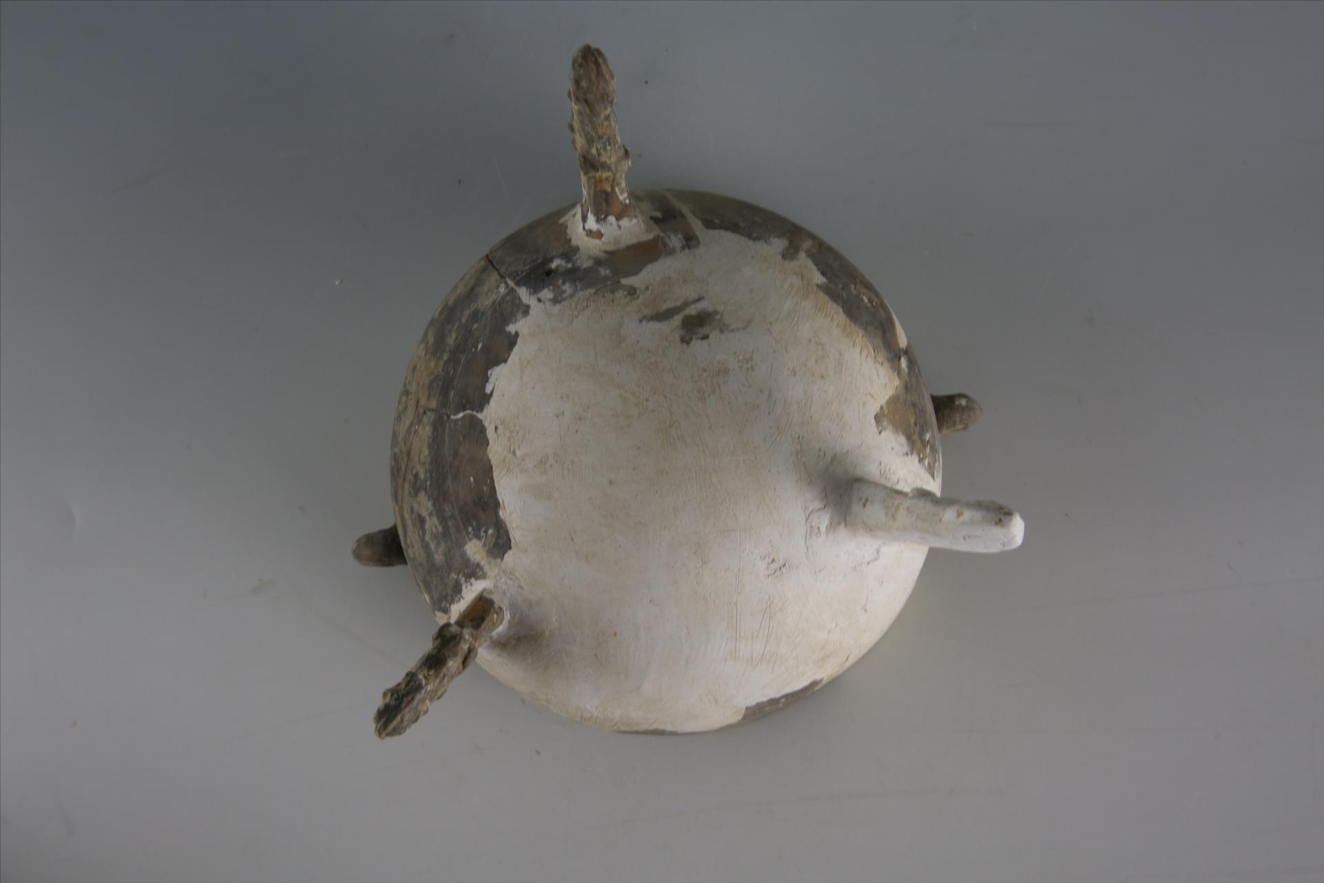 战国时期椭圆形直口环耳变异鹿状纽足彩绘泥质灰褐陶敦