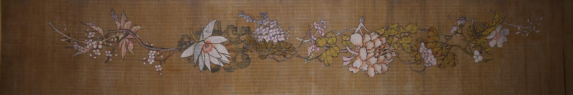 清佚名设色花卉竹屏