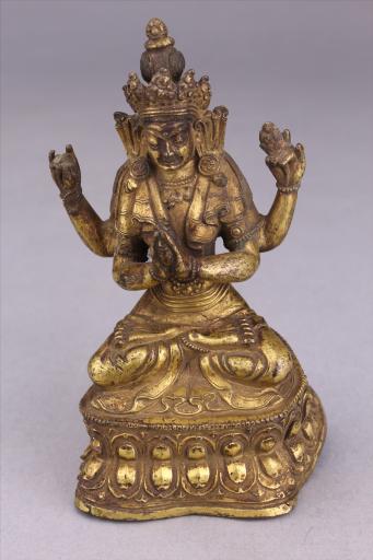 清红铜鎏金四臂观音像