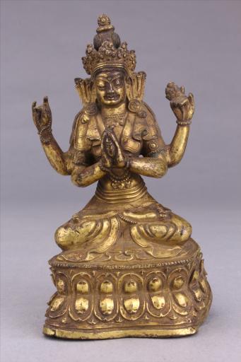 清红铜鎏金四臂观音像