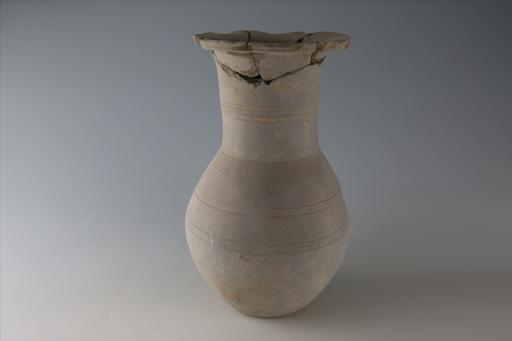 战国时期高领鼓腹凹底凹弦纹绳纹泥质灰陶壶