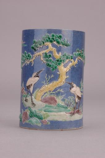 清光绪松鹤纹三彩瓷笔筒