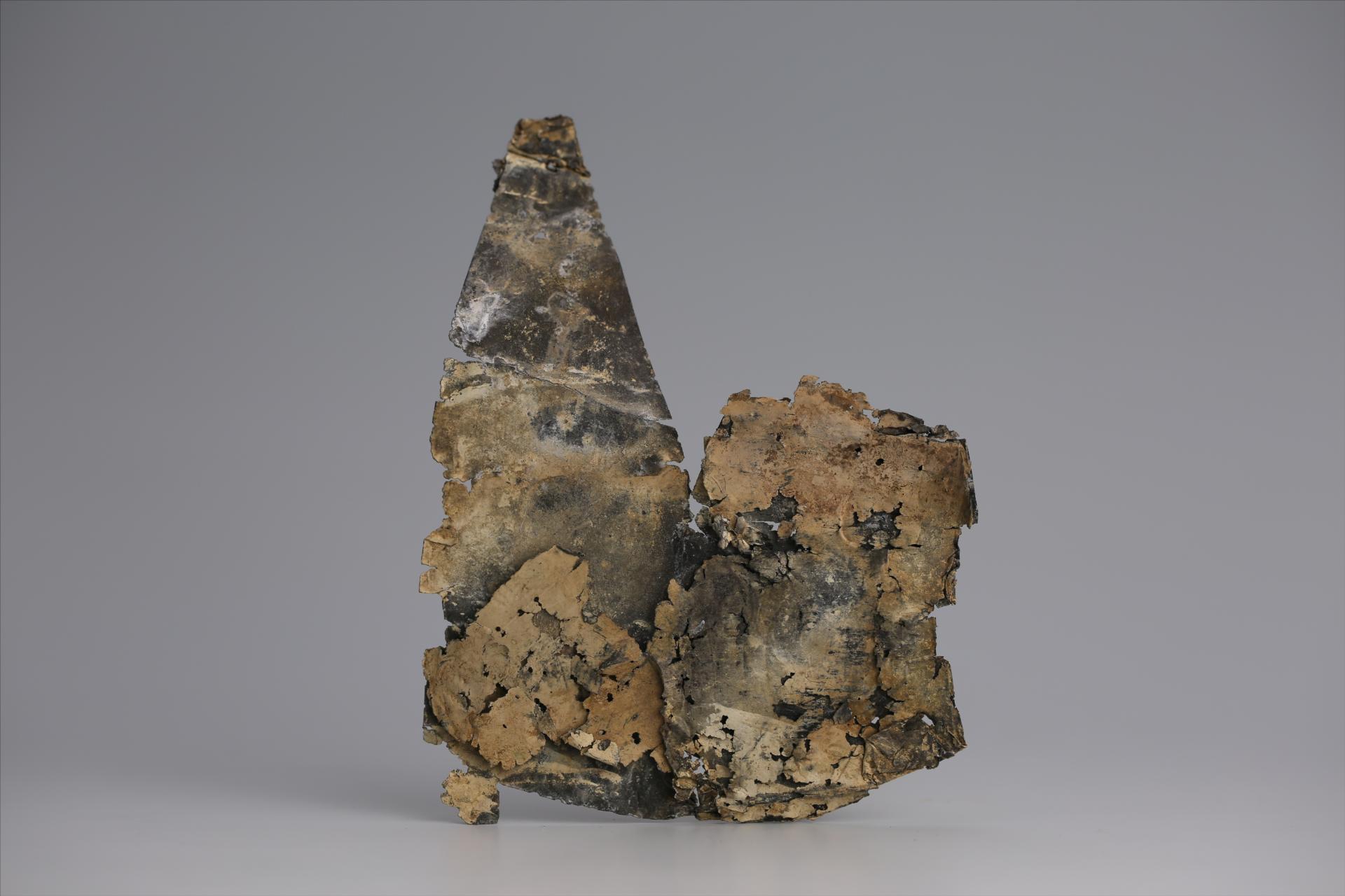 春秋时期曲顶燕尾形包锡箔锡饰片