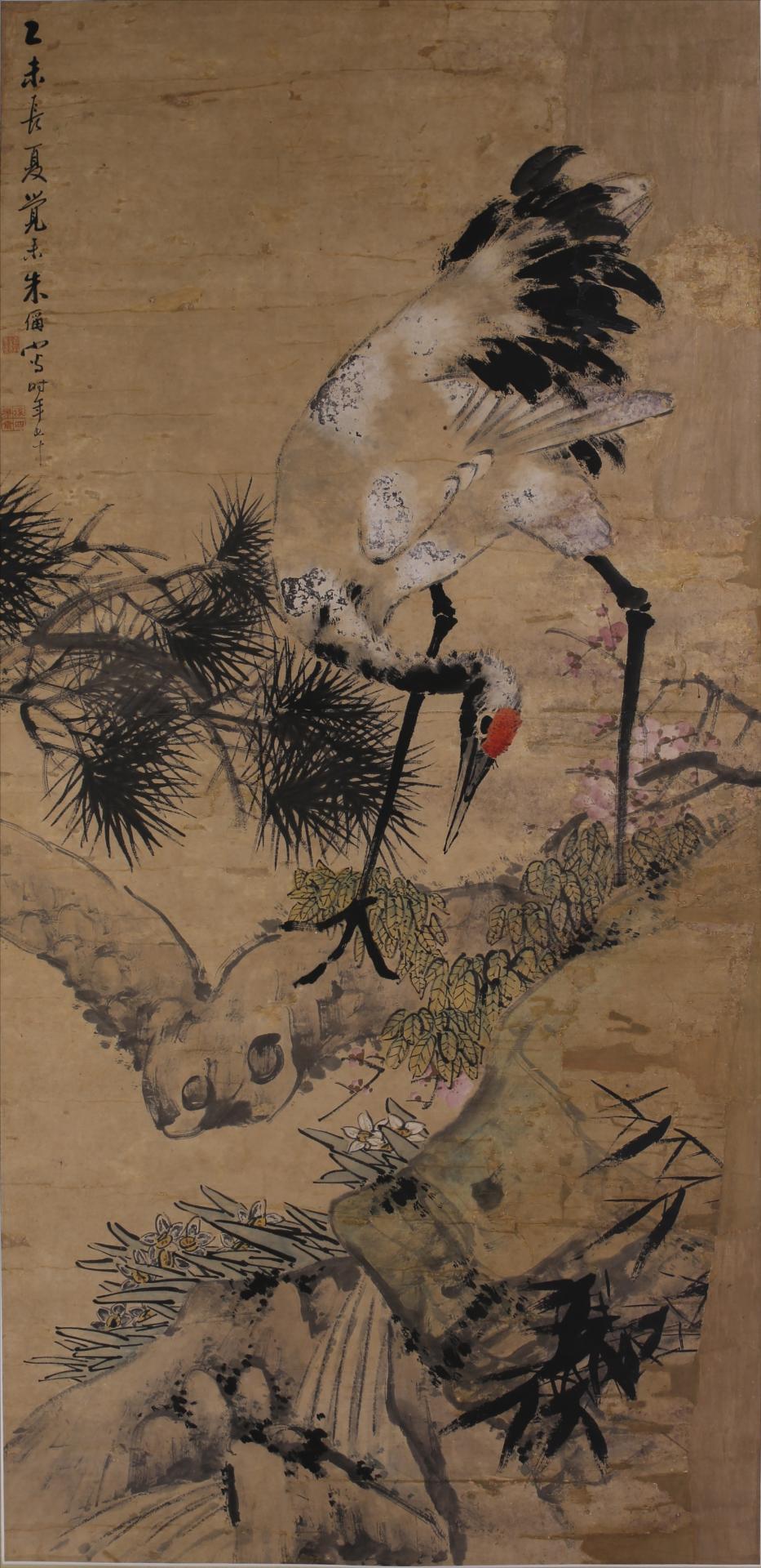 清光绪乙未年朱偁松鹤延年图轴