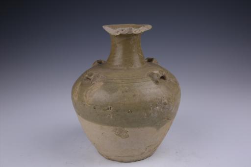 唐束颈鼓腹四系青釉瓷罐